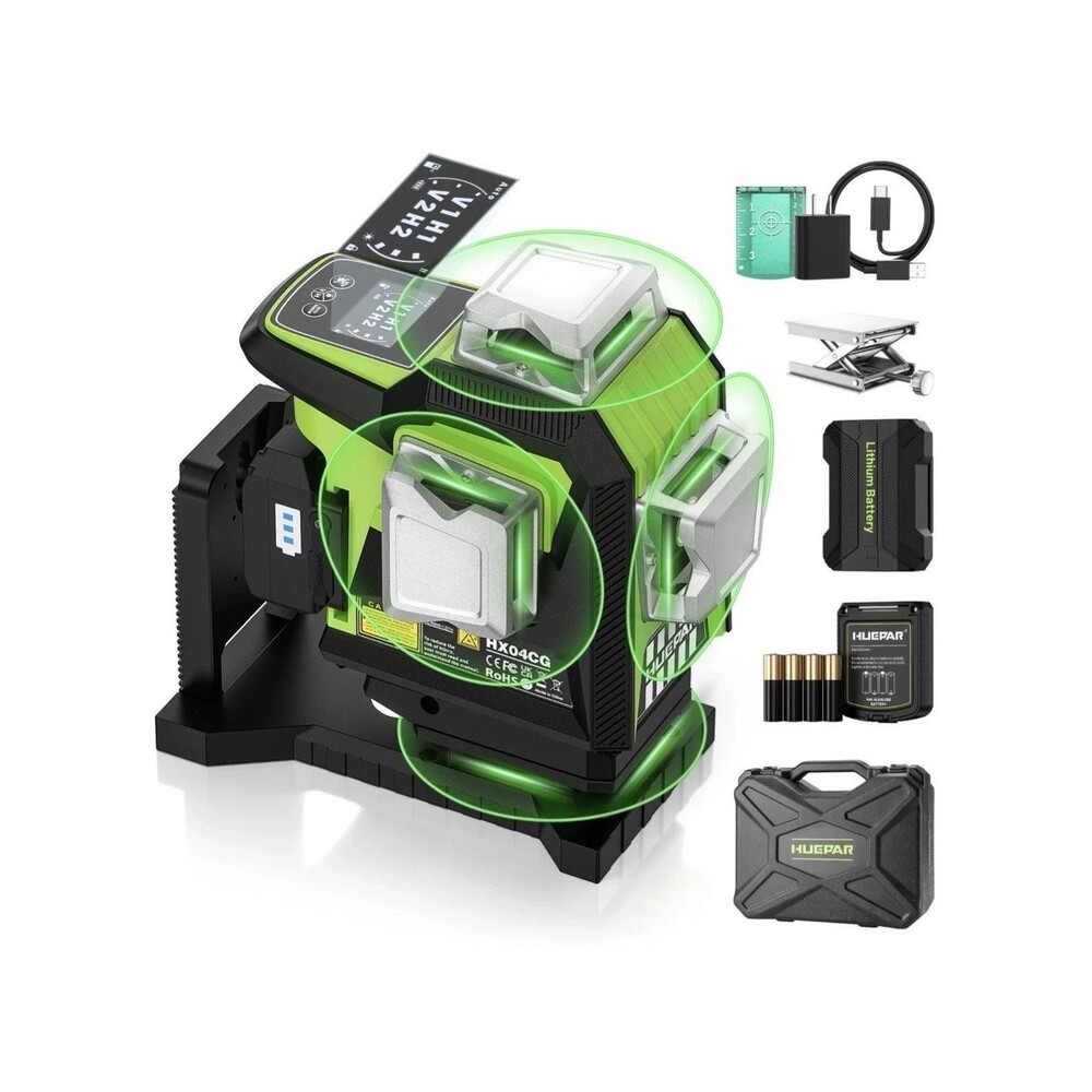 NEW Huepar HX04CG 4D 4x 360 Green Laser Level Self Leveling 360 Bracket w/ Case